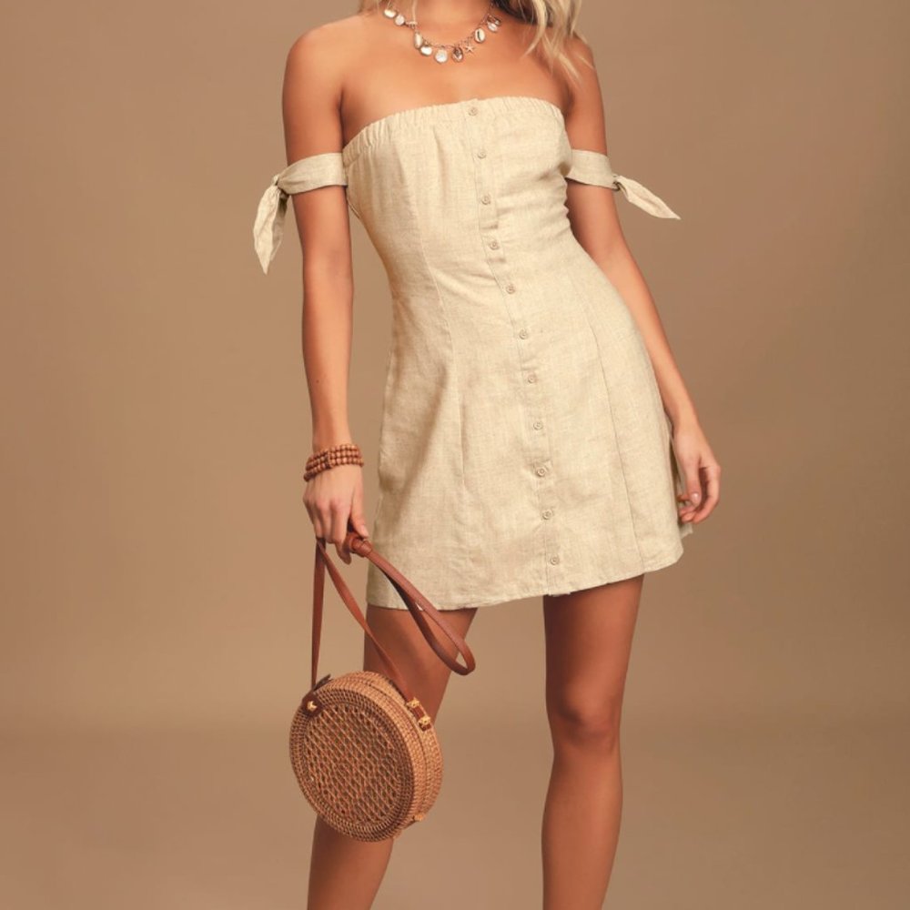 Lost Track of Time Beige Off the Shoulder Button Up Mini Dress